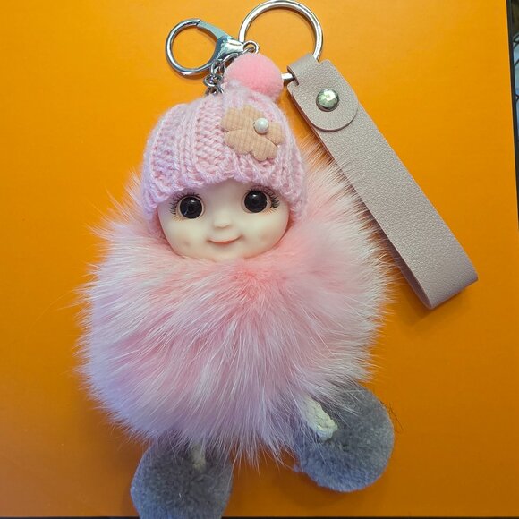 Cute Smiling Fur Baby Keychain with LOVE tag, Plush rabbit fur, Bag Charm - Picture 1 of 5